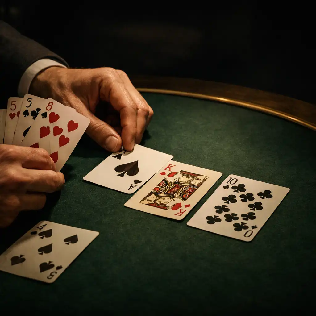 Hands arranging real playing cards on deep green felt at a poker table