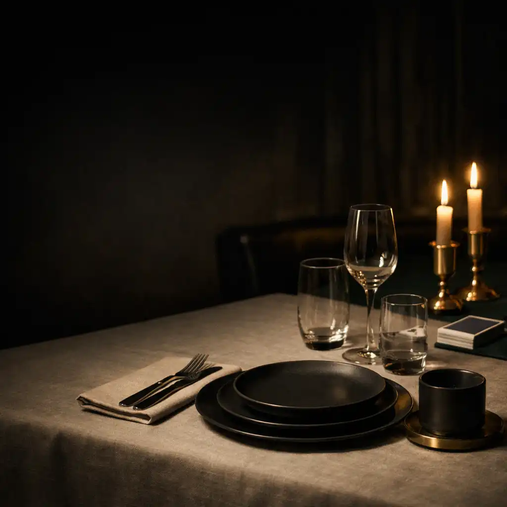A refined low-light dining table with a subtle card detail in the background