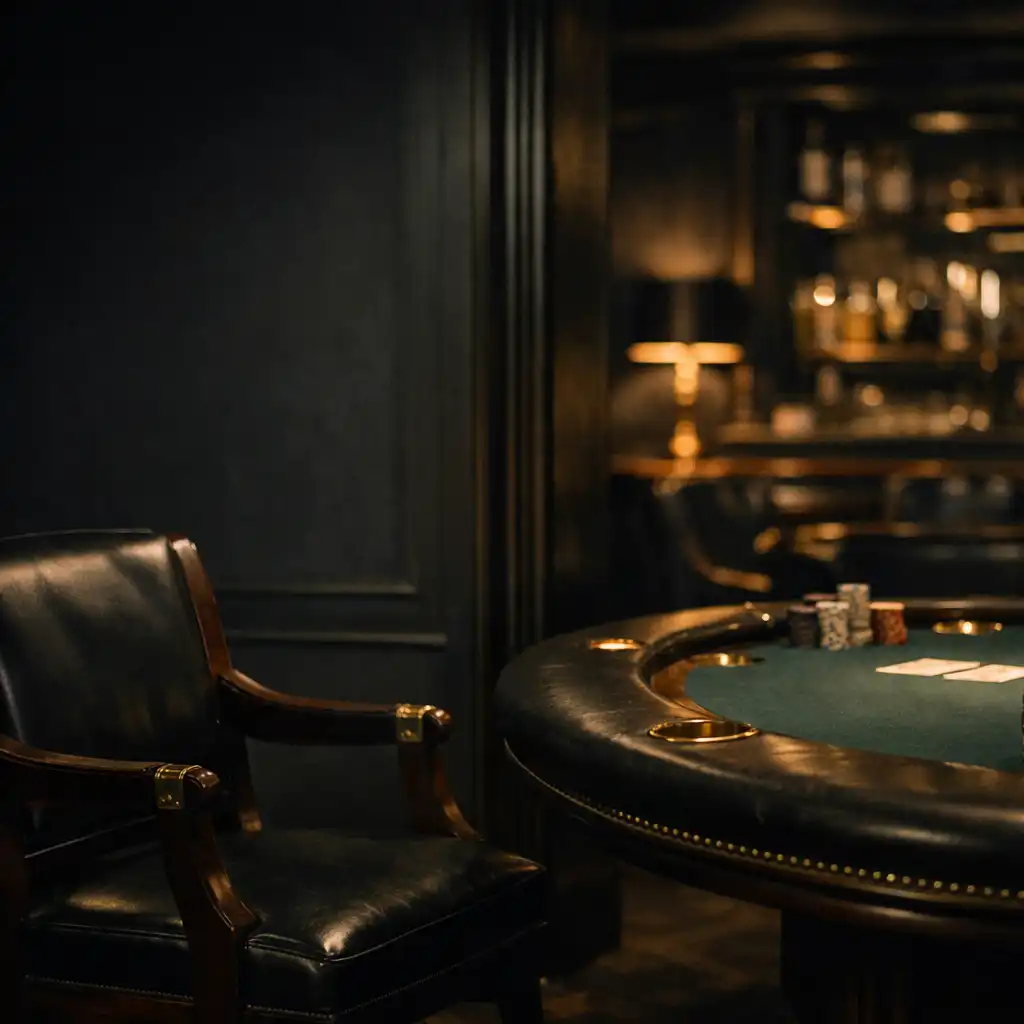 A quiet chair beside the softly illuminated edge of a poker table