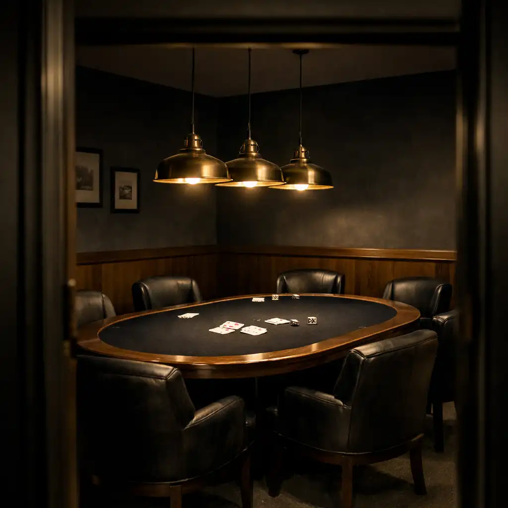 Warm pendant light over a dark felt table seen through a private poker room threshold