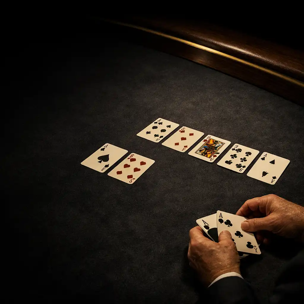 Real playing cards and adult hands arranged on a dark felt poker table