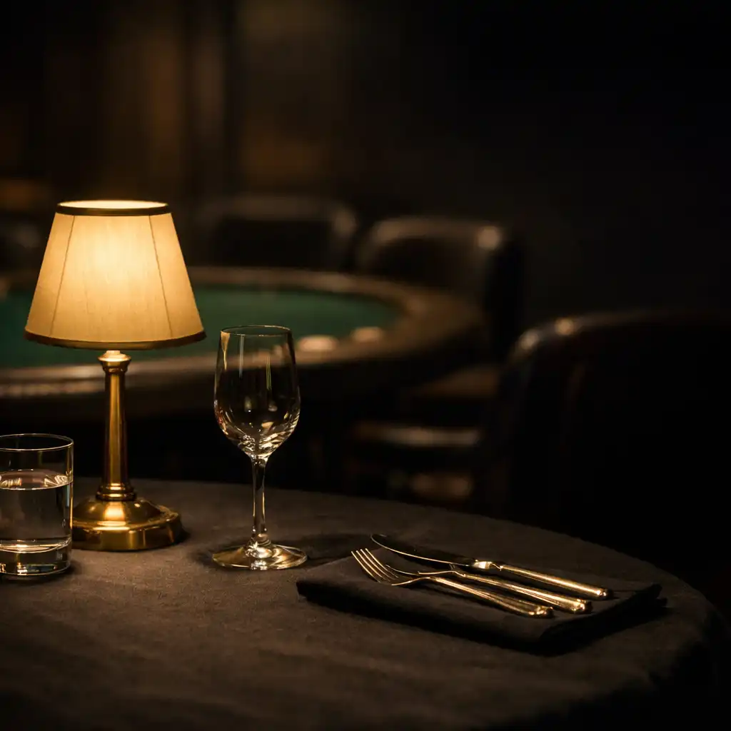Refined dark dining table with brass lamp in a quiet card-lounge setting