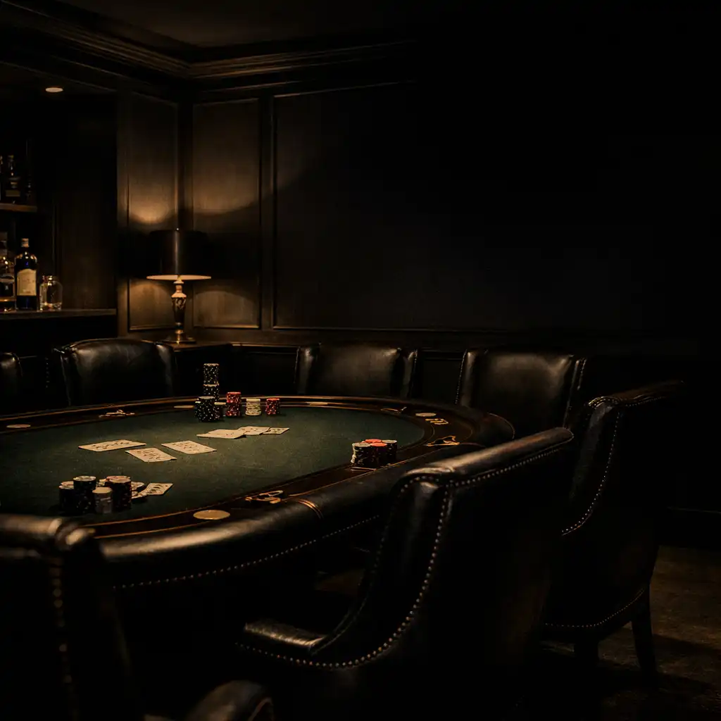 A warmly lit poker table and dark leather chairs in a dedicated poker room