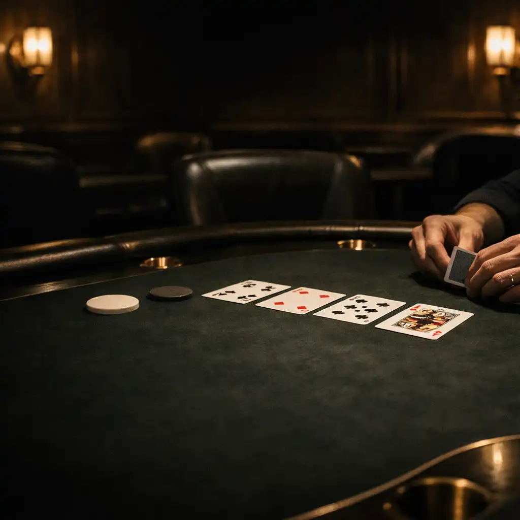 Real playing cards and careful hands at a dark felt poker table