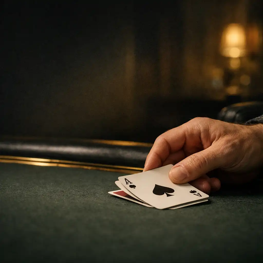 Hands placing real playing cards on a dark felt poker table
