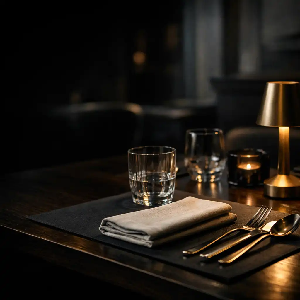 A refined dark dining table setting in warm architectural light
