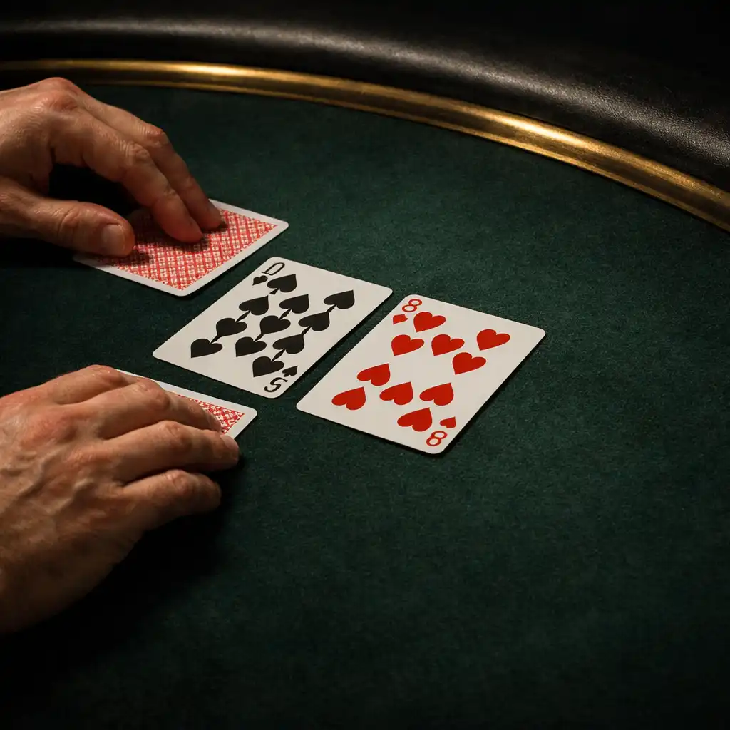 Adult hands arranging standard playing cards on a dark felt poker table