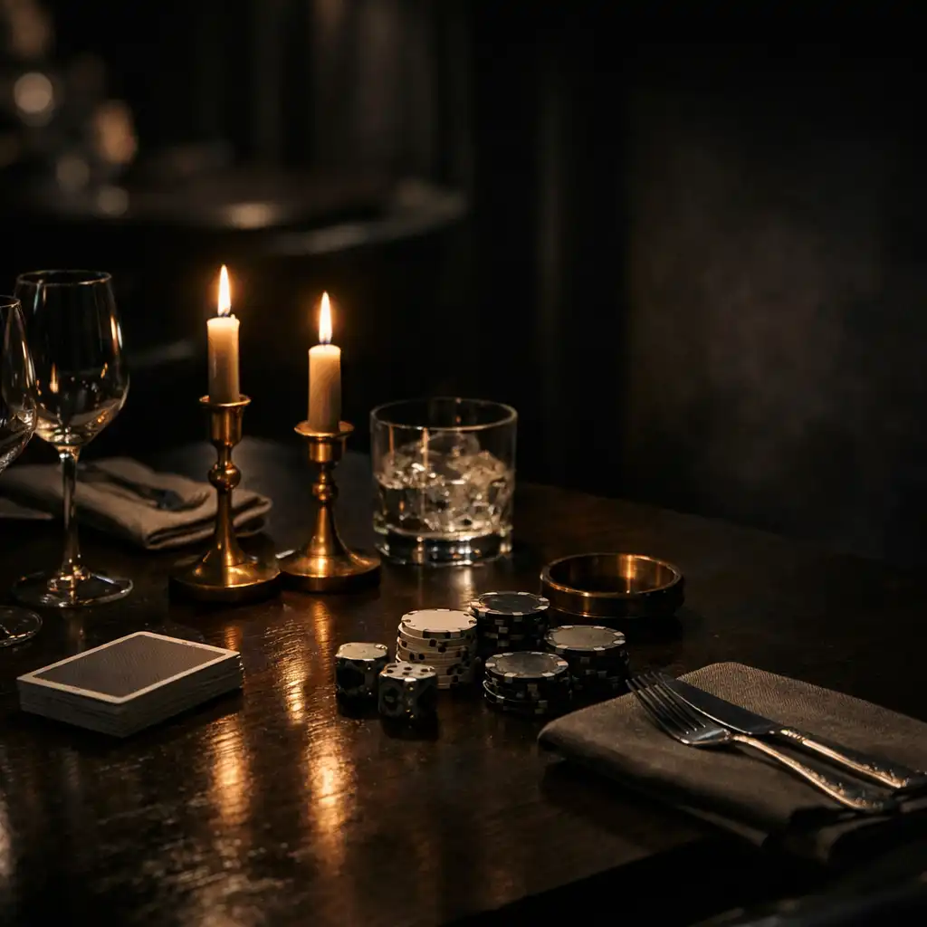 Refined low-lit restaurant table with glassware, linen and warm candlelight