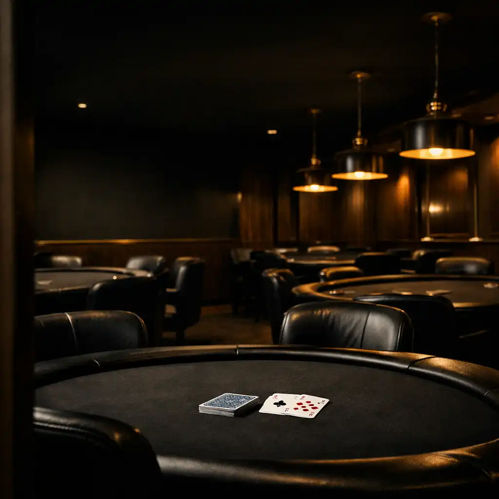 Low-lit dedicated poker room with dark felt tables and warm brass-toned details
