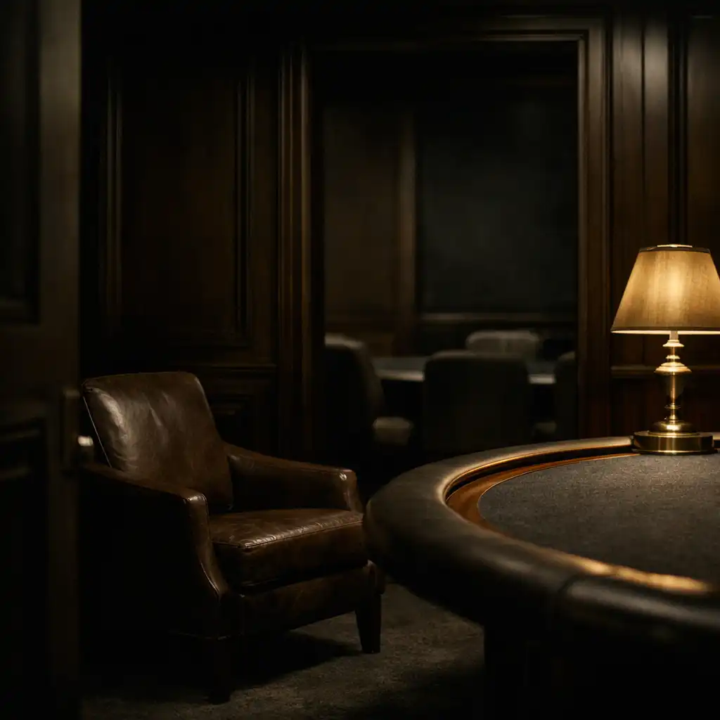 Quiet private card lounge with dark timber, leather chair and a softly lit poker table edge