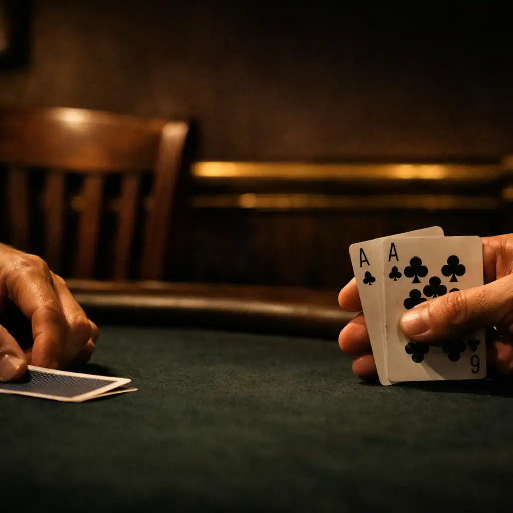Adult hands arranging real playing cards on dark felt at a poker table