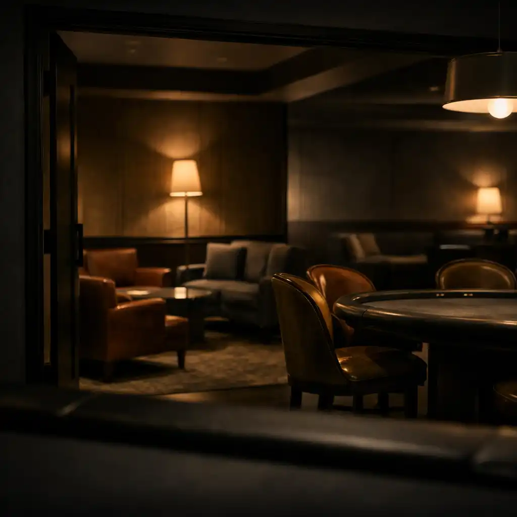 Shadowed table edge looking towards a softly lit card lounge interior