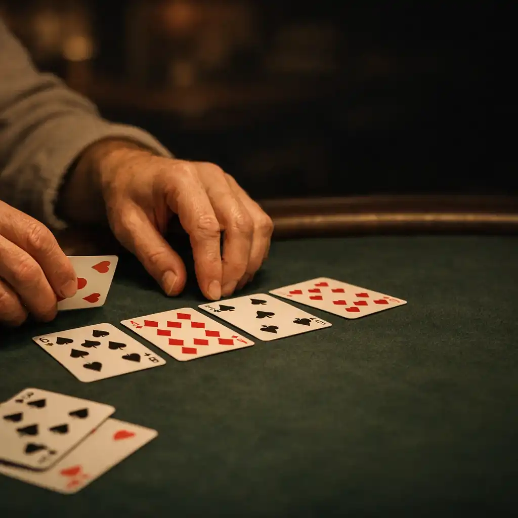 Adult hands arranging ordinary playing cards on a green felt poker table