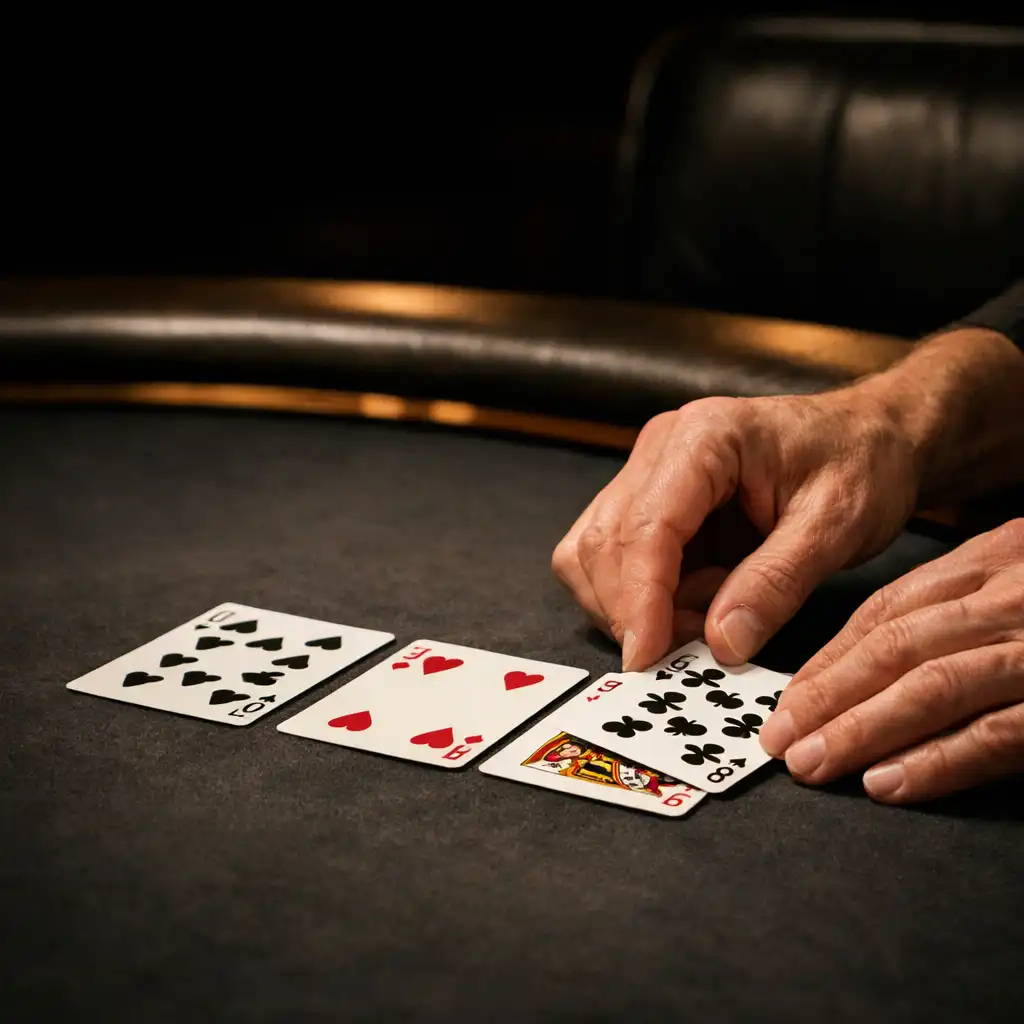 Hands placing playing cards neatly on a charcoal felt poker table