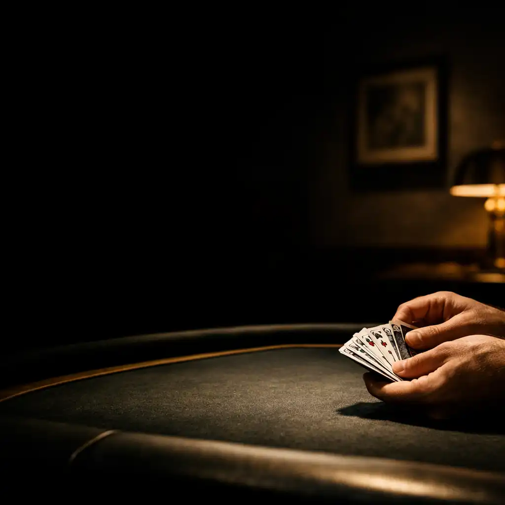 Adult hands arranging standard playing cards on a dark felt poker table